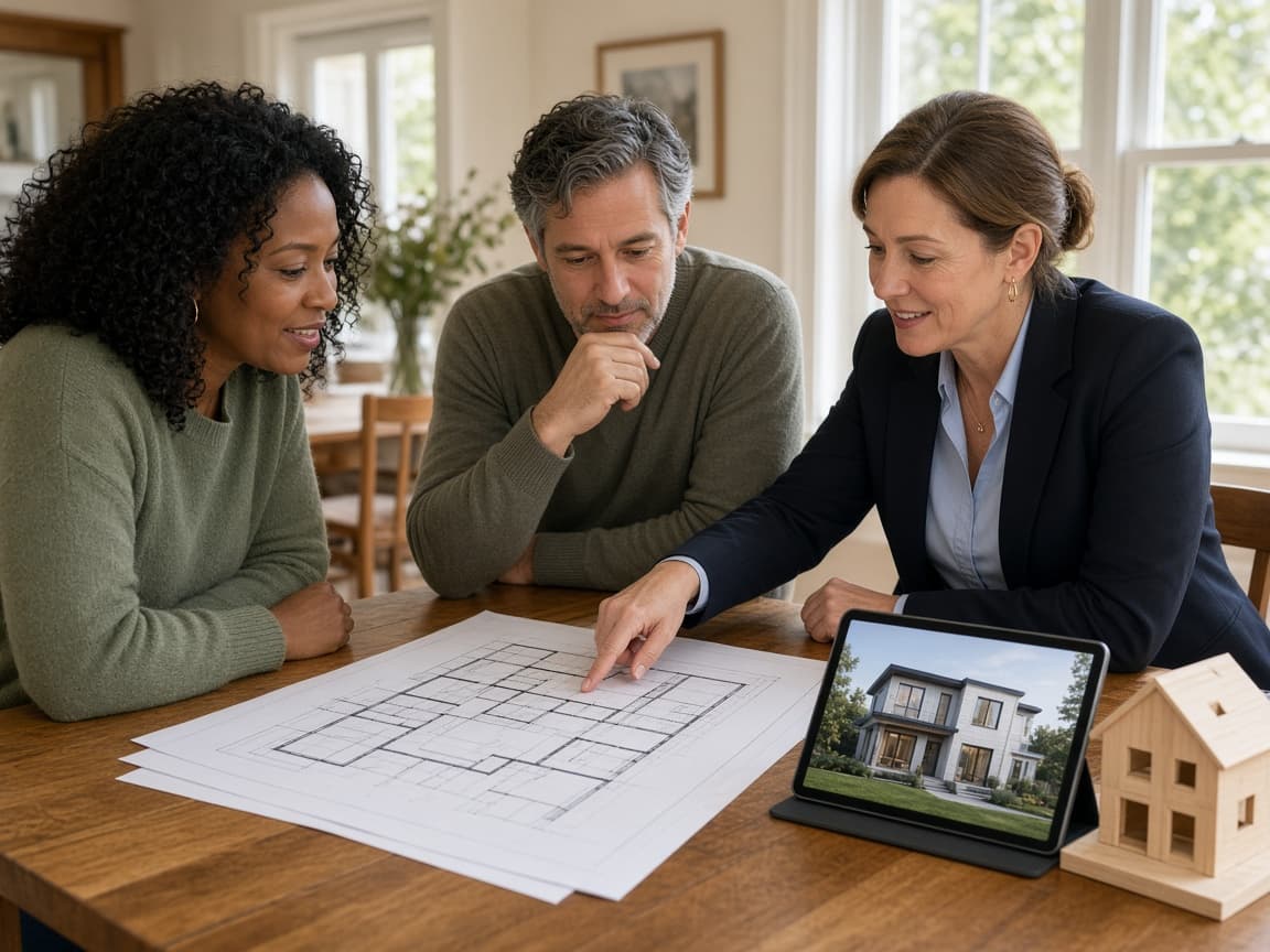 Homeowners and a designer discussing project plans around a table